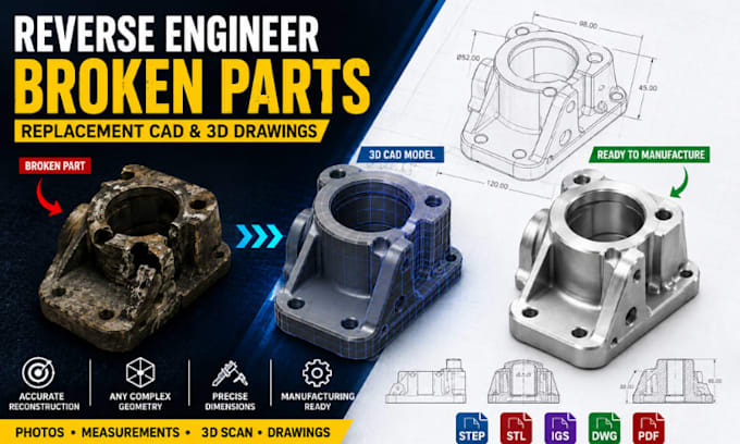 reverse engineer broken machine parts, replacement component cad and 3d drawings