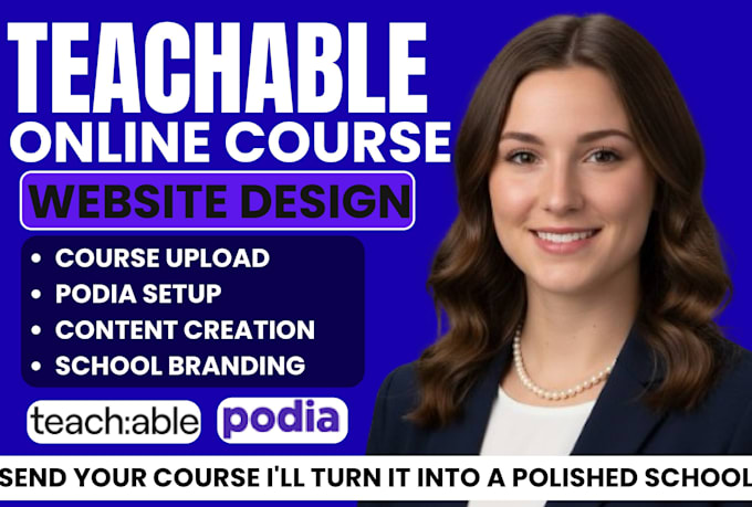 setup teachable school, teachable course upload, teachable, podia website design