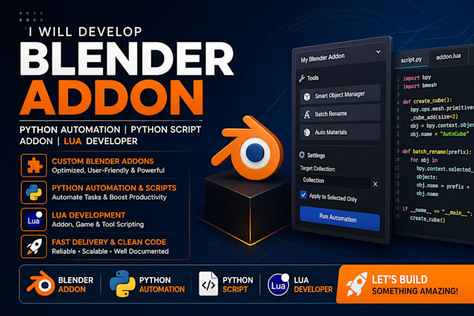 develop blender addon, python automation, python script, addon lua developer