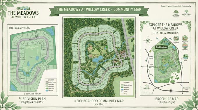 design a neighborhood community map, subdivision plan, and brochure map
