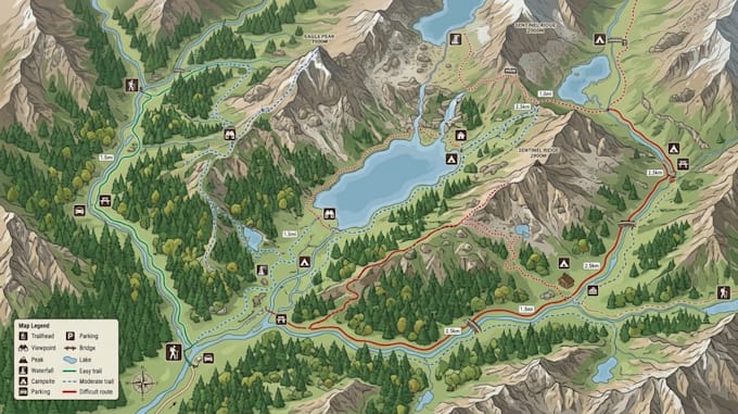 design custom hiking map, trail map, park map, or outdoor adventure map