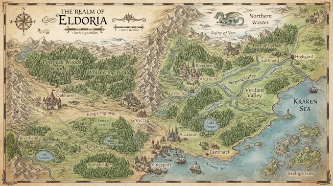 draw custom hand drawn fantasy map, rpg map, game map and map illustration