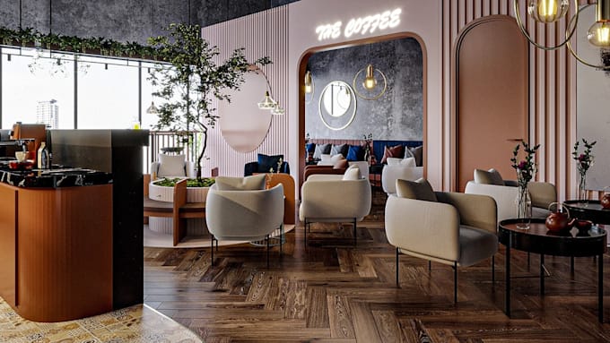 redesign cafe interior 3d rendering, restaurant layout,lounge, walkthrough video