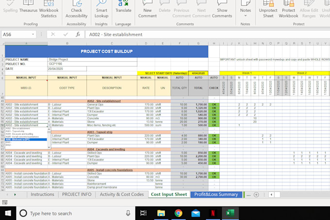 create a construction budget and cost breakdown in excel