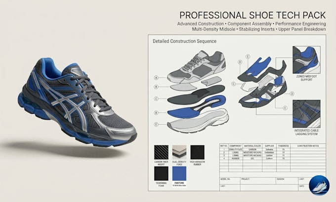 create shoe tech pack, footwear design, technical drawing and specifications
