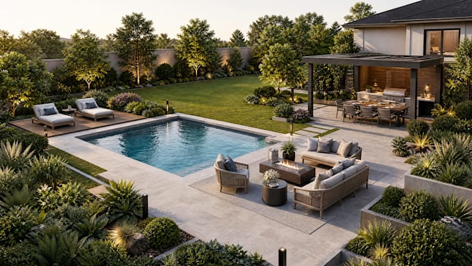 design backyard landscape, patio terrace, pool, deck and 3d garden rendering