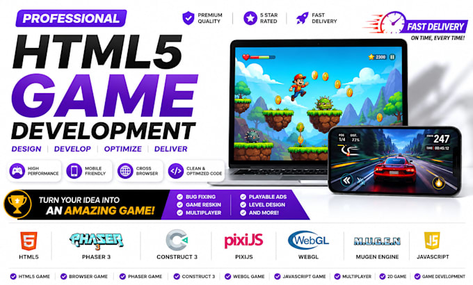 create HTML5 games using phaser, construct 3, pixijs, webgl game, mugen engine