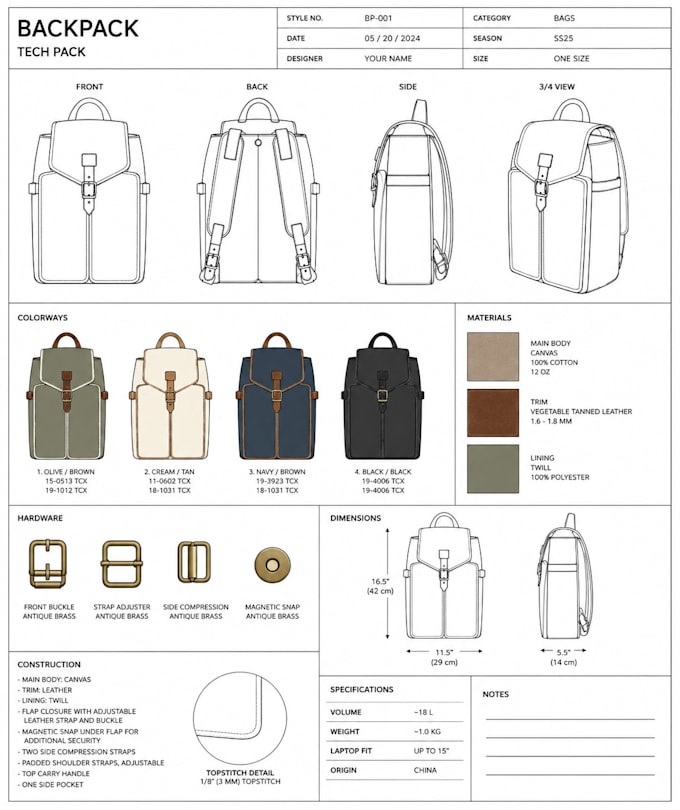 do fashion design work from flats to technical packages