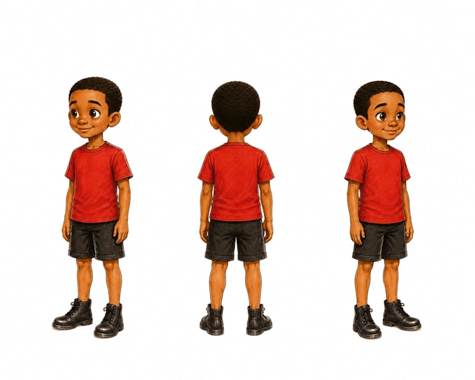 draw a character turnaround, model sheet, poses and expression sheet