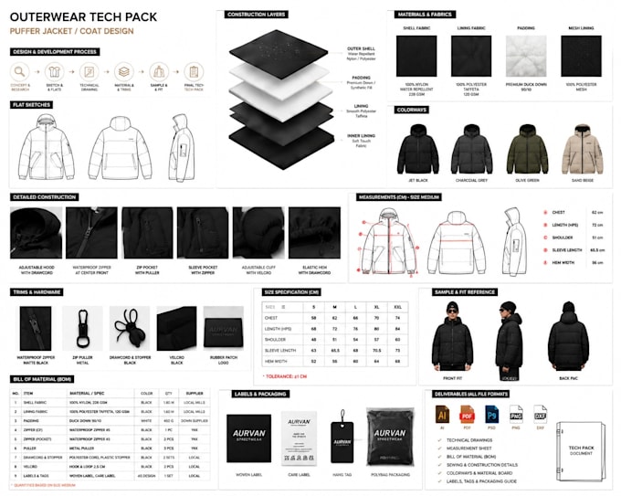 design outerwear tech pack, puffer jacket tech pack, coat fashion tech pack