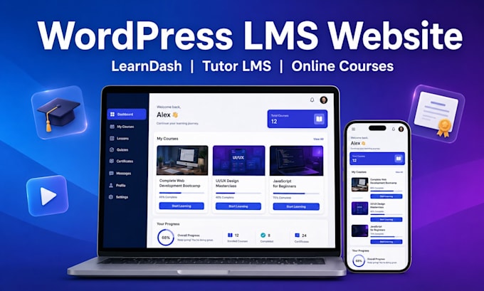 build wordpress lms website with learndash tutor lms online course site
