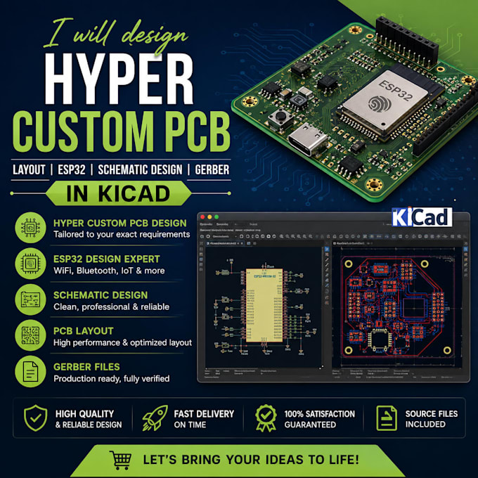 design hyper custom pcb, layout, esp32,schematic design, gerber in kicad