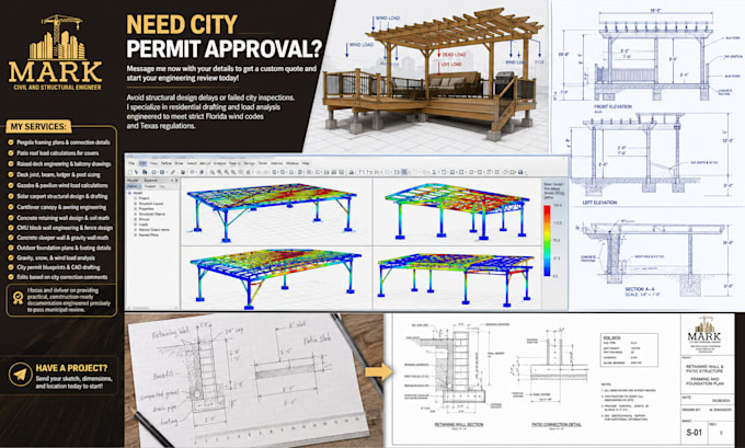 design deck pergola retaining wall carport permit structural engineering tx fl