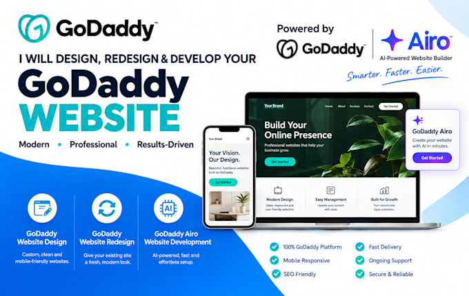 godaddy website redesign godaddy website design, develop godaddy airo website