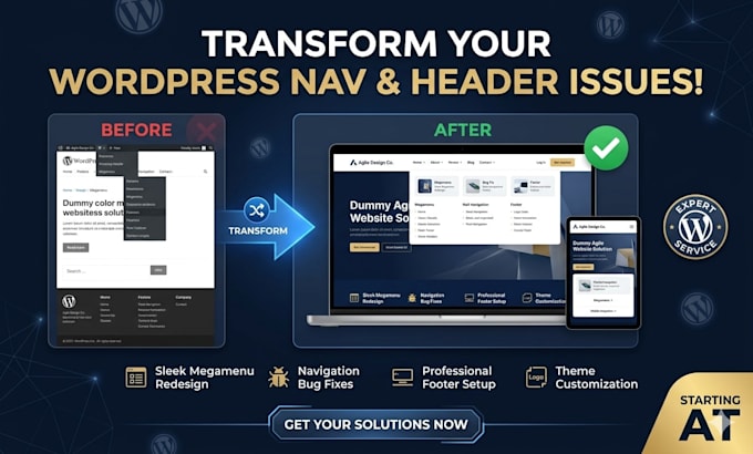 redesign or fix wordpress header, footer issues, megamenu, wordpress navigation