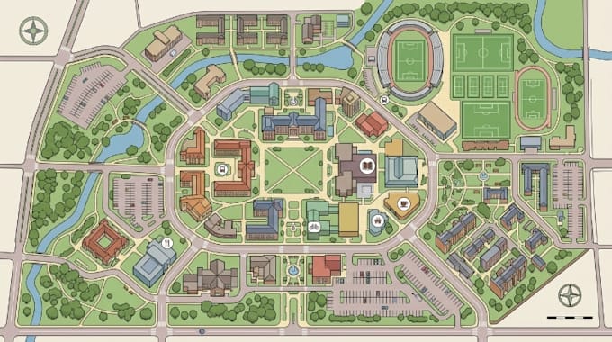 design 2d and 3d maps, campus maps, university maps, school and wayfinding maps