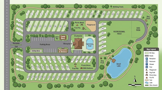 design rv park layout, campsite map, roads and facility locations