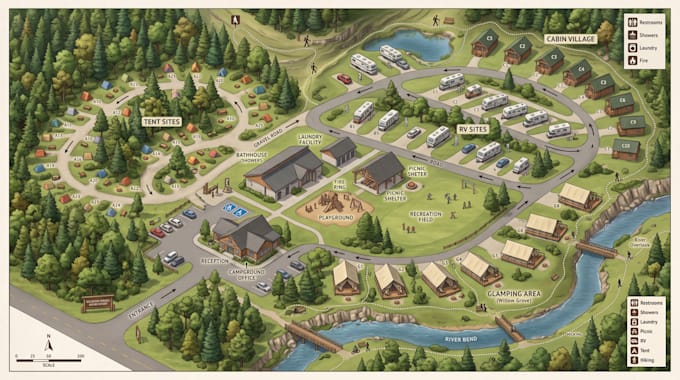 make 2d or 3d glamping resort map, campground map, rv park, campsite master plan