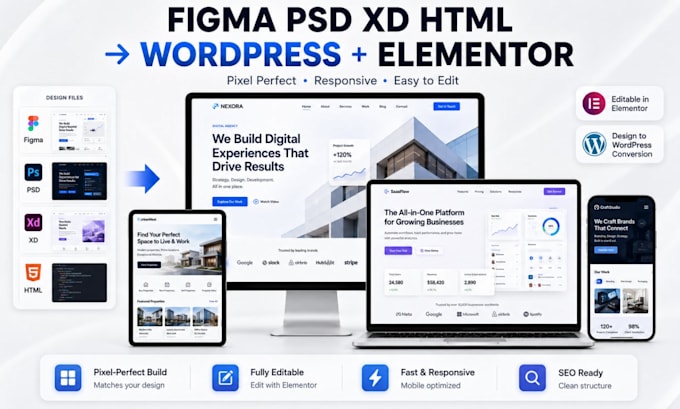 convert figma PSD xd or HTML to wordpress elementor pro pixel perfect web design