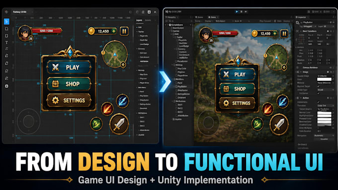 design a mobile game UI menus, hud, icons and buttons