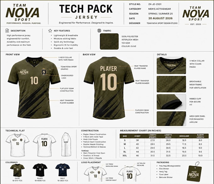 design professional sportswear tech pack for custom uniforms