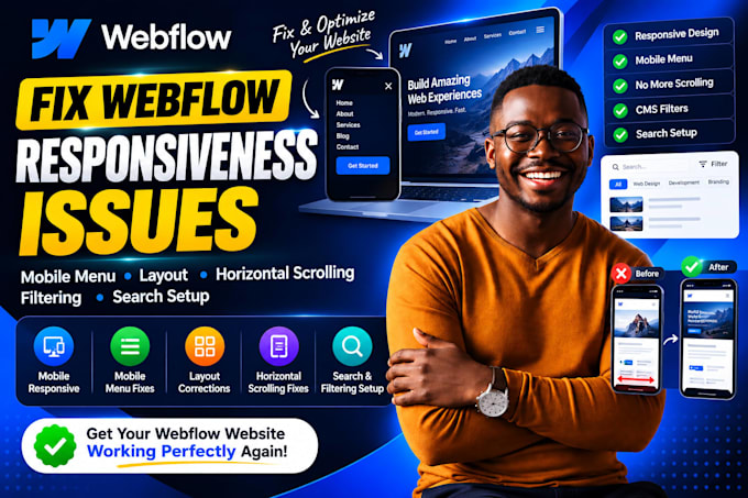 fix webflow responsiveness, mobile menu, layout, scrolling, search and filters