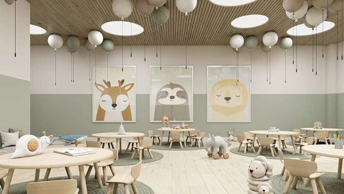 revamp 3d classroom interior,nursery room layout, children learning space render