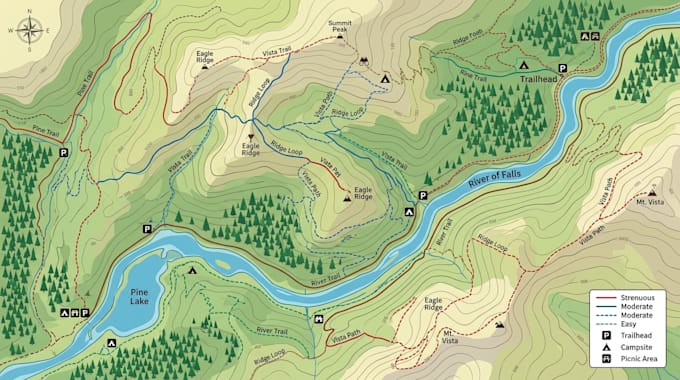 design vector hiking trail map, topographic elevation map and vintage trail map