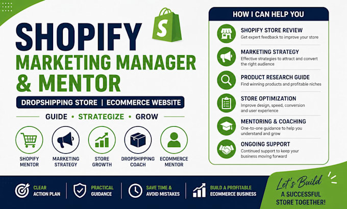 setup shopify marketing manager and mentor dropshipping store ecommerce website