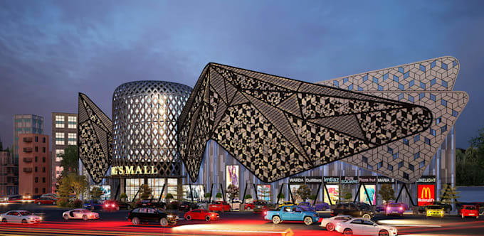 develop cgi commercial mall,shopping hub design, biomimetic retail facade render