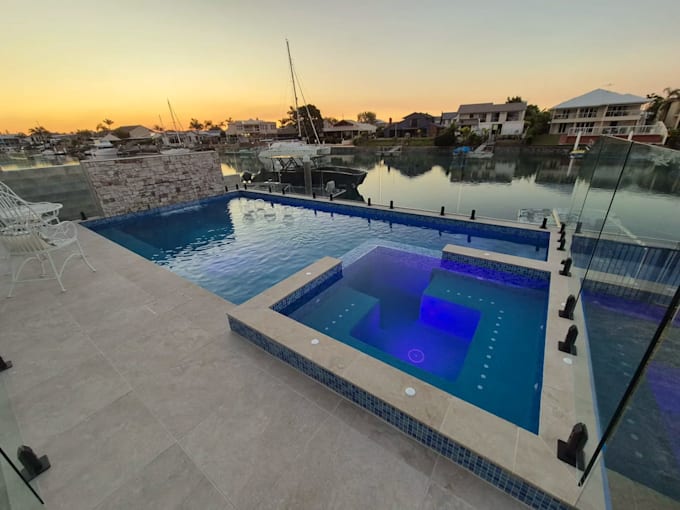 design a 3d swimming pool, backyard and outdoor living space
