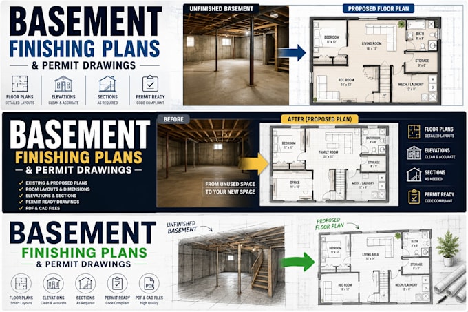 create basement finishing plans and permit drawings