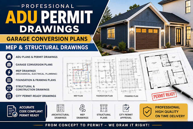 do adu permit drawings, garage conversion plans, mep and  structural drawings
