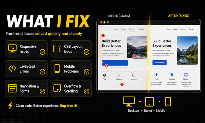 fix HTML CSS javascript bugs and responsive website issues
