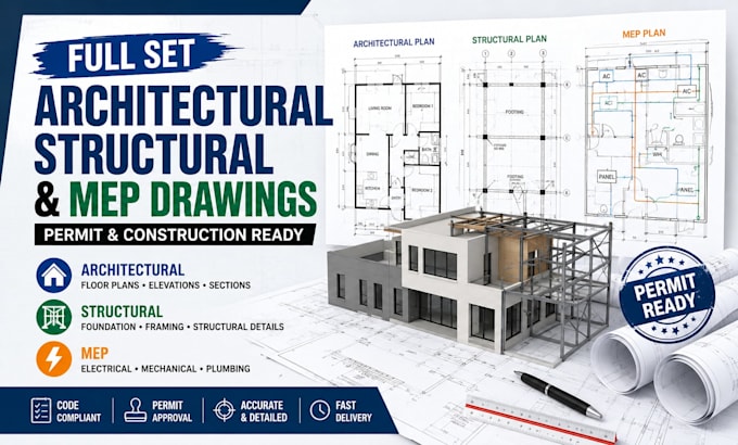 create full set architectural structural, mep permit construction drawings