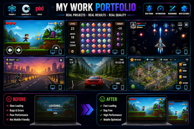 develop fix customize and optimize HTML5 games using phaser 3 construct 3 pixijs
