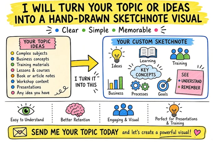 turn your topic or ideas into a hand drawn sketchnote visual