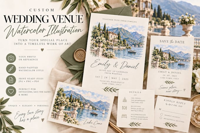 create a custom watercolor wedding venue illustration