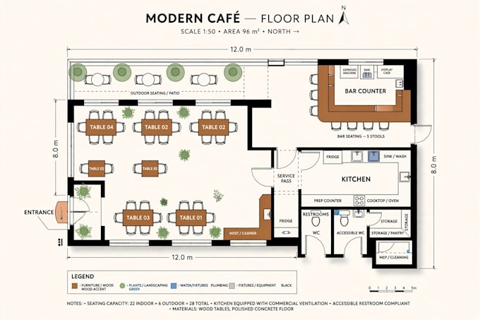 draw professional 2d floor plan and restaurant layout in autocad