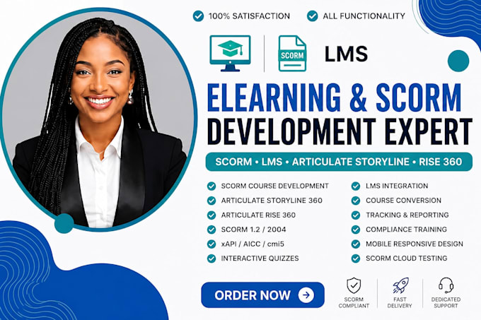 develop scorm elearning course in articulate storyline, rise 360, captivate, lms
