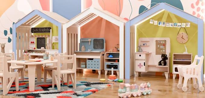 cgi interior kids playroom,children room d5 render,3d kids classrom space layout