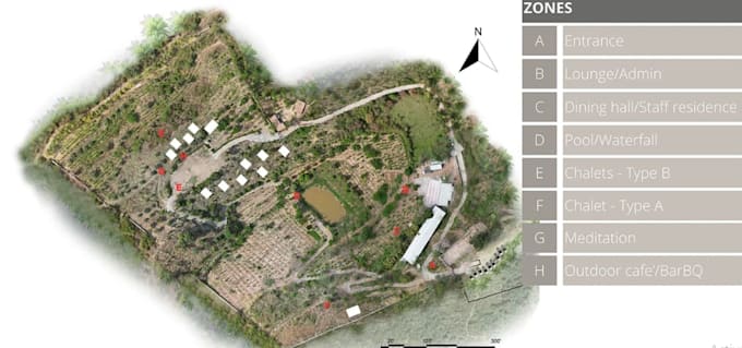 create detailed masterplan drawing, site analysis, terrain map,landscape plannig
