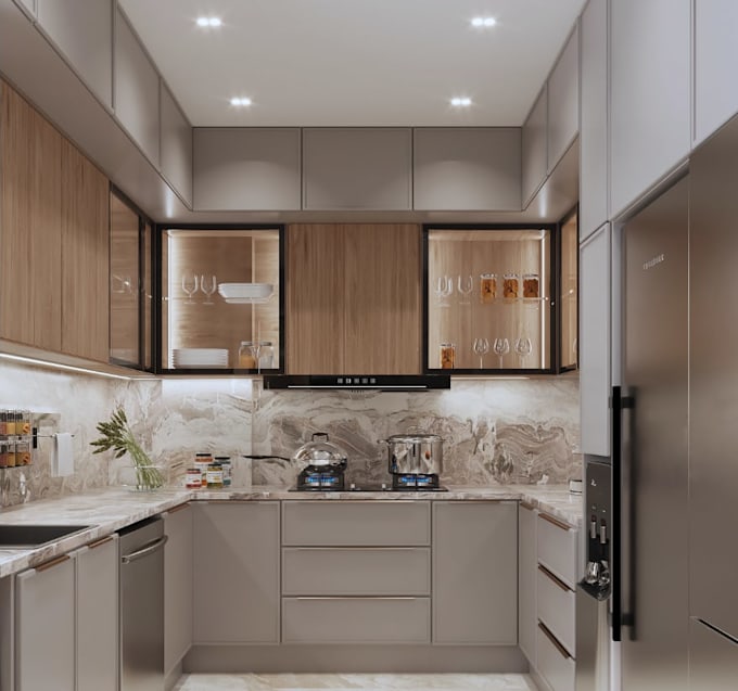 redesign 2d kitchen layout cabinet,wardrobes,floor plan,hallways with 3d render