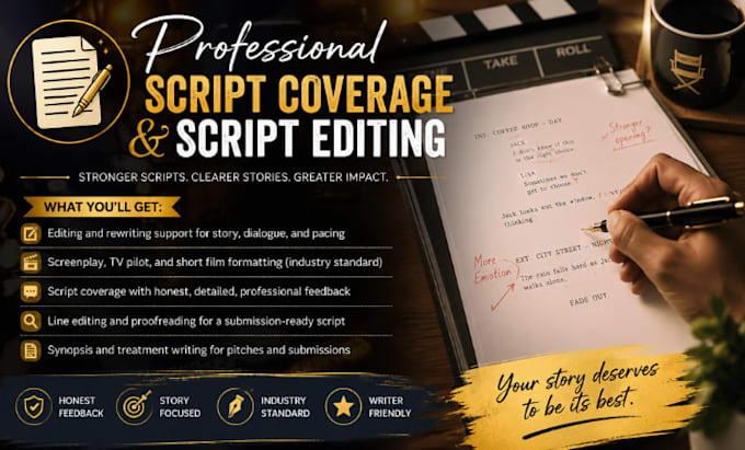 edit and provide script coverage for screenplay, TV pilot feature film script