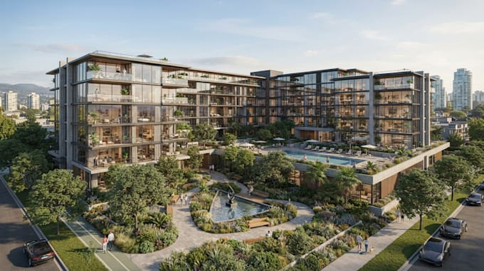 apartment complex rendering and property development visuals