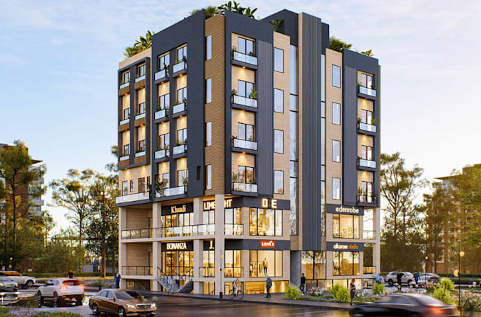 cgi  business center rendering from cad, remodel old commercial complex exterior
