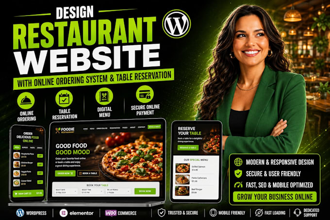 design restaurant website with online ordering system and table reservation