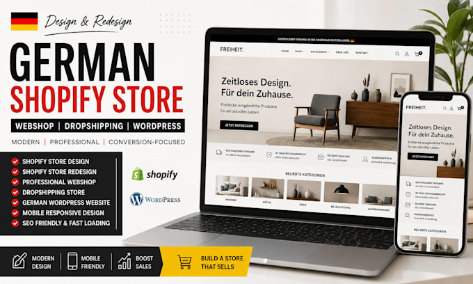design or redesign a professional german shopify store webshop wordpress website
