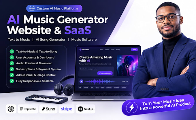 develop ai music generator website, text to music saas and ai music app