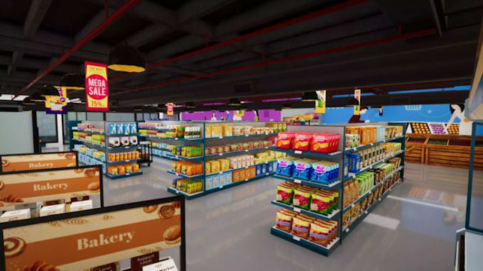 create 3d supermarket interior, 3d restaurant, cafe design, shop, 3d rendering